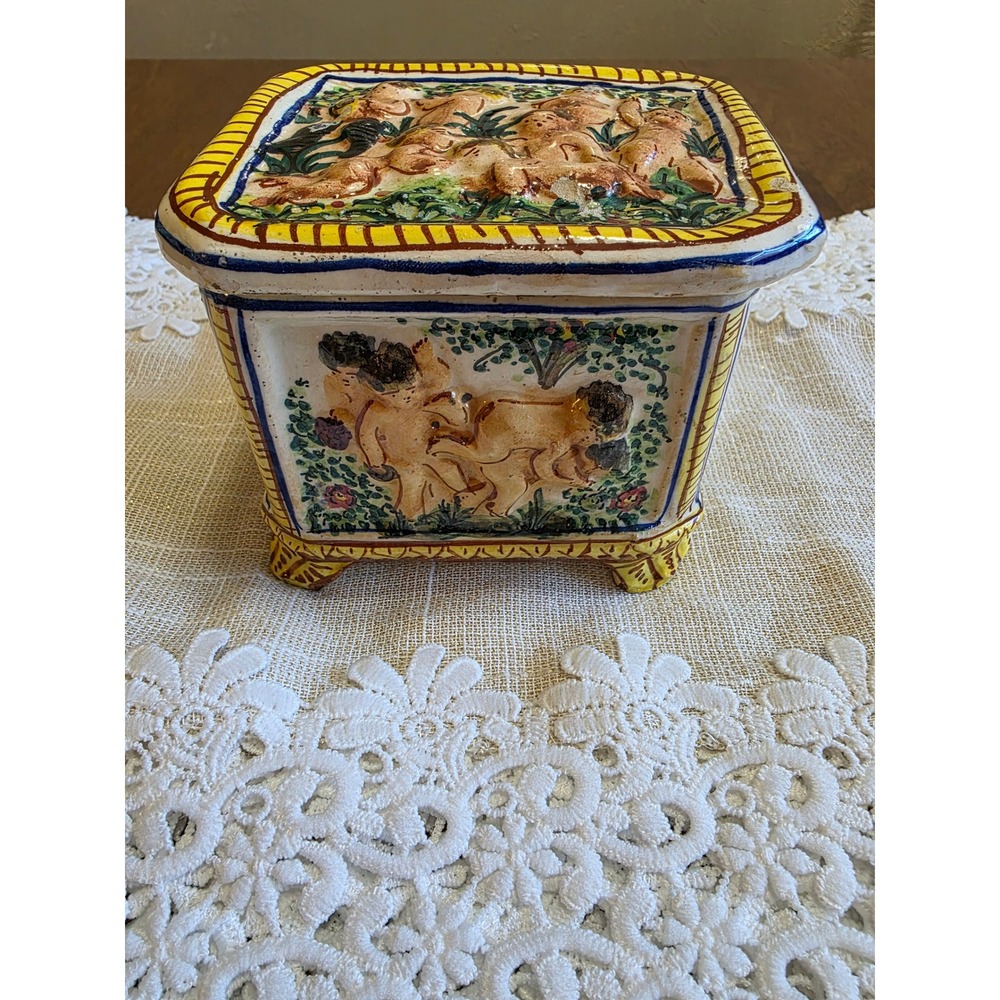 Vintage Italian Majolica Cherub Trinket Box Hand Painted Relief Footed Italy